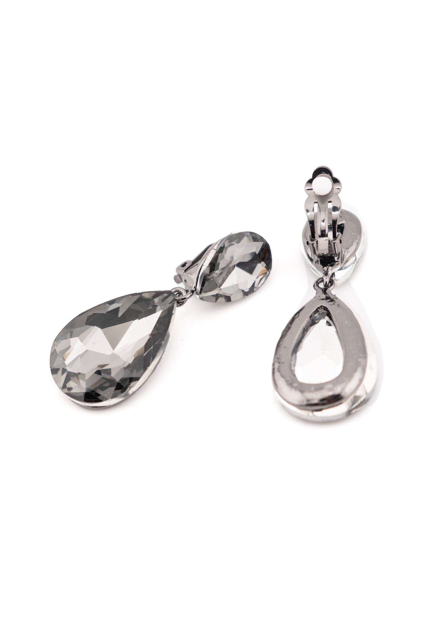 Smoky Crystal Double Teardrop Clip on Earrings