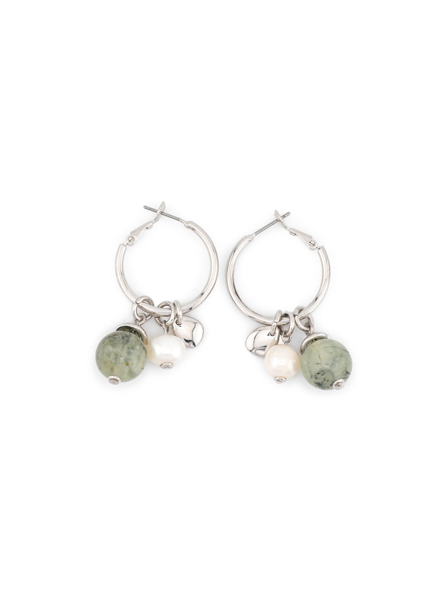 Silver-Tone Hoop & Prehnite Pearl Charm Earrings