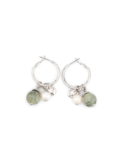 Silver-Tone Hoop & Prehnite Pearl Charm Earrings