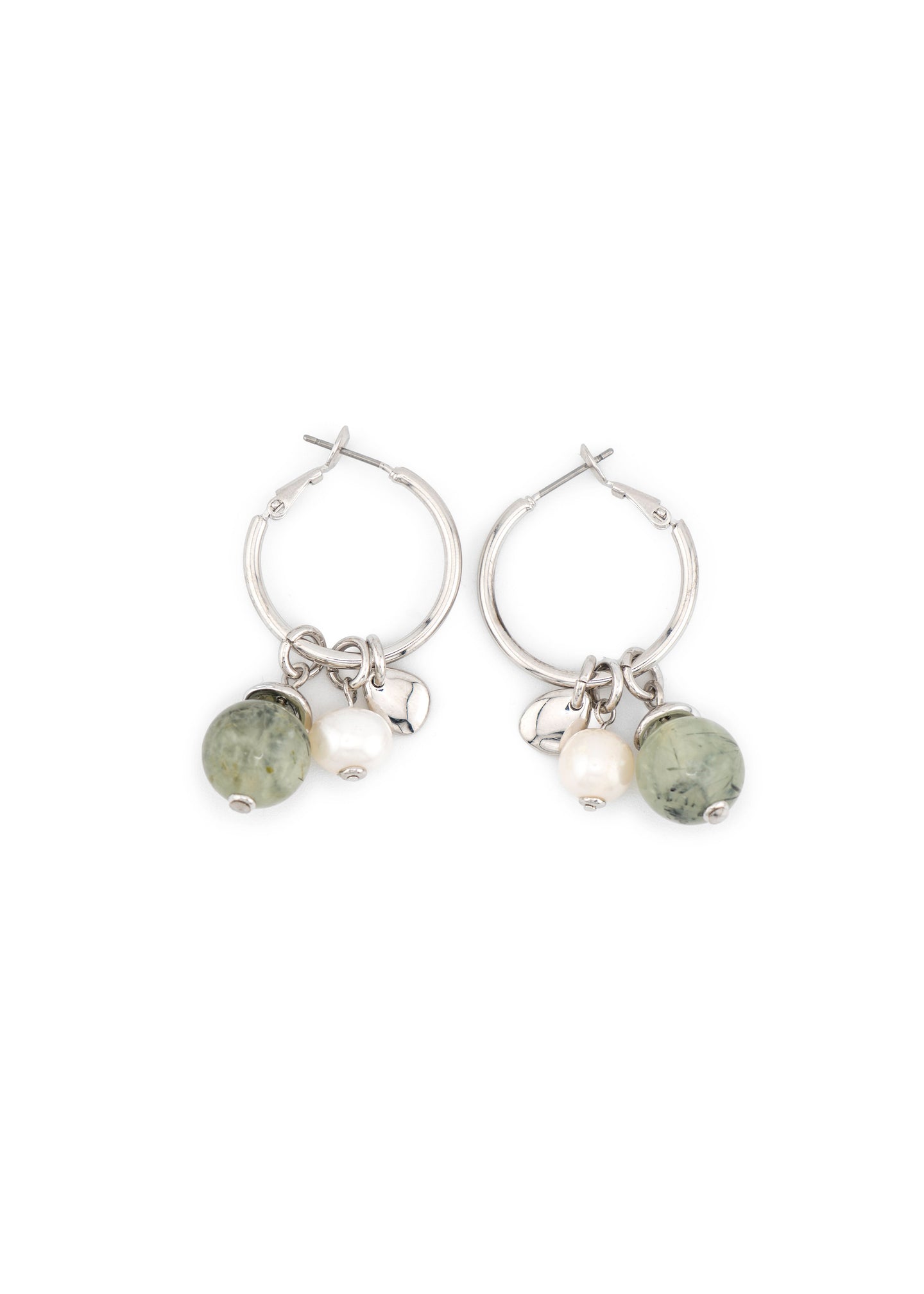 Silver-Tone Hoop & Prehnite Pearl Charm Earrings