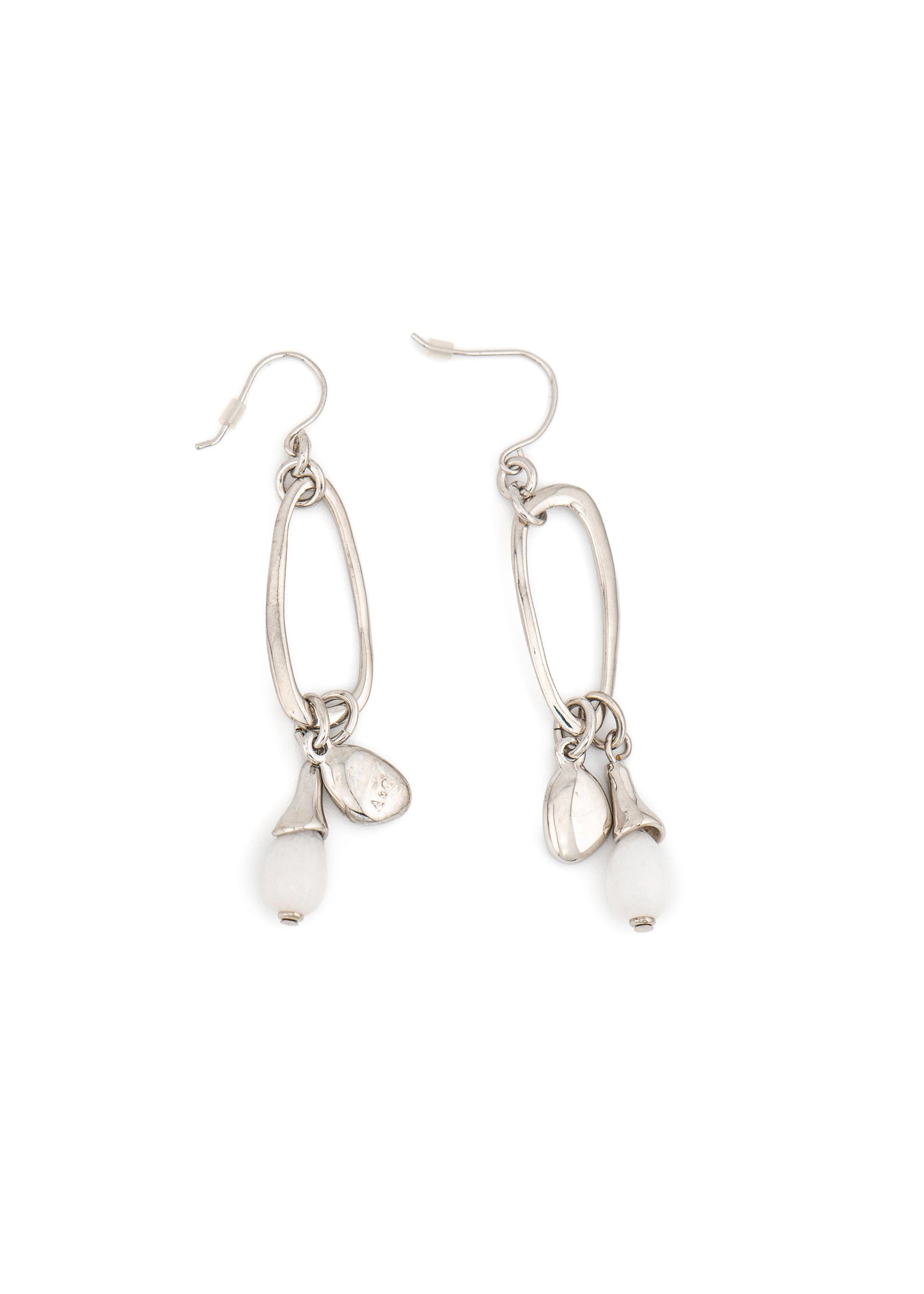 Silver-Tone Oval Link & White Stone Charm Drop Earrings
