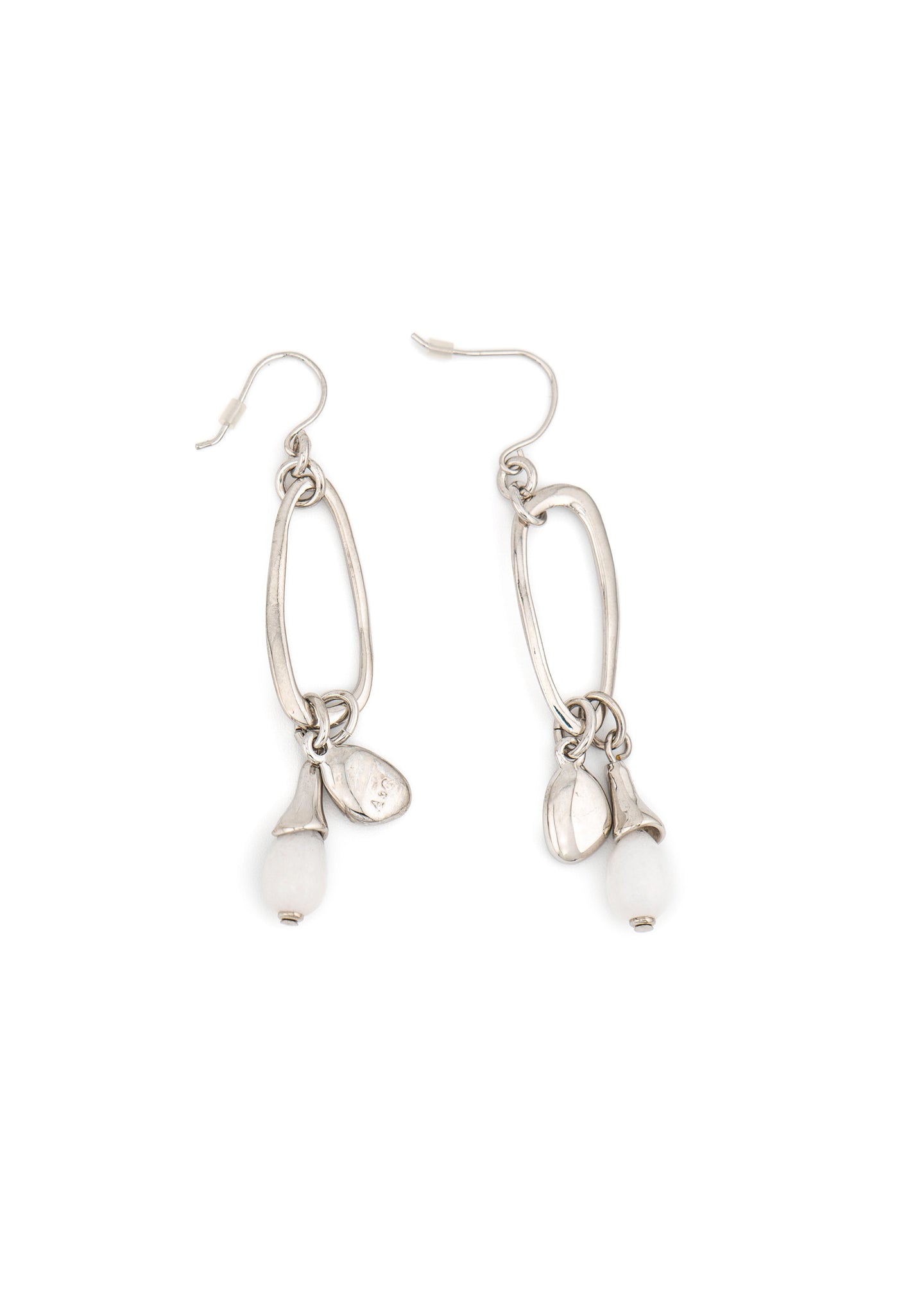 Silver-Tone Oval Link & White Stone Charm Drop Earrings