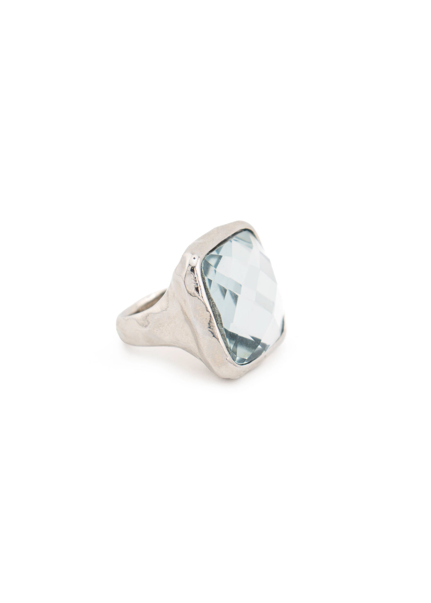 Silver-Tone Aqua Crystal Cushion Cocktail Ring