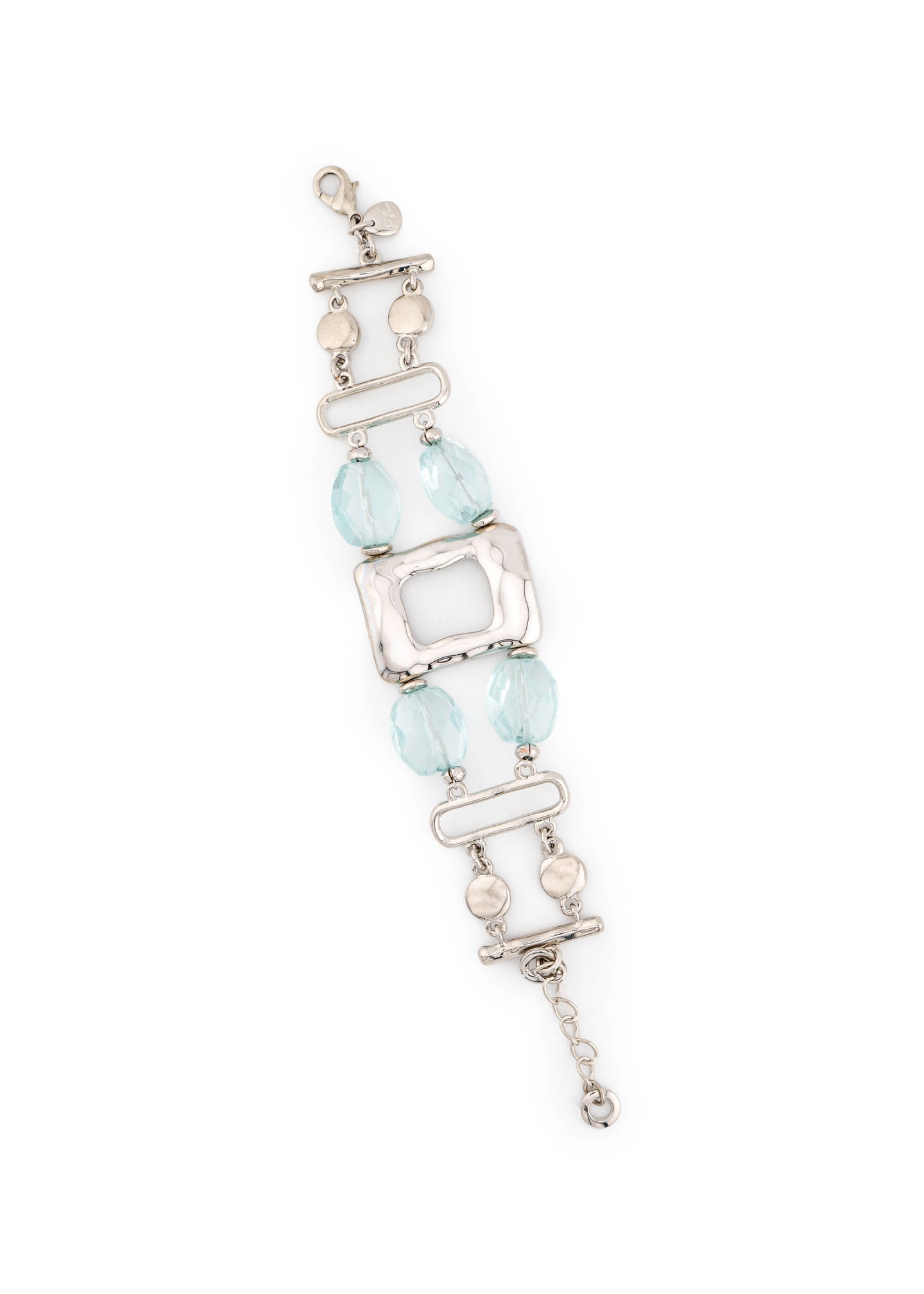 Silver-Tone Aqua Stone & Geometric Frame Link Bracelet