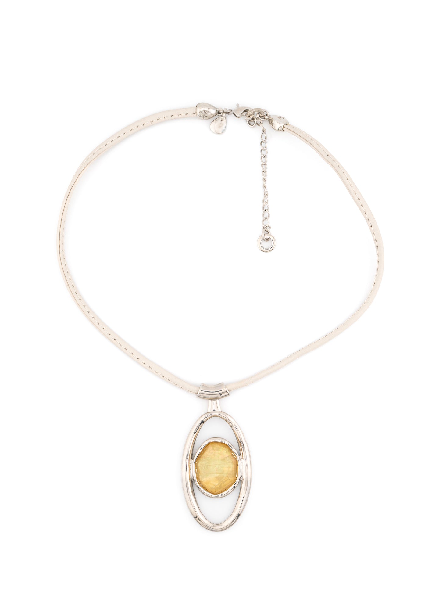 Leather Cord & Amber Stone Oval Frame Pendant Necklace