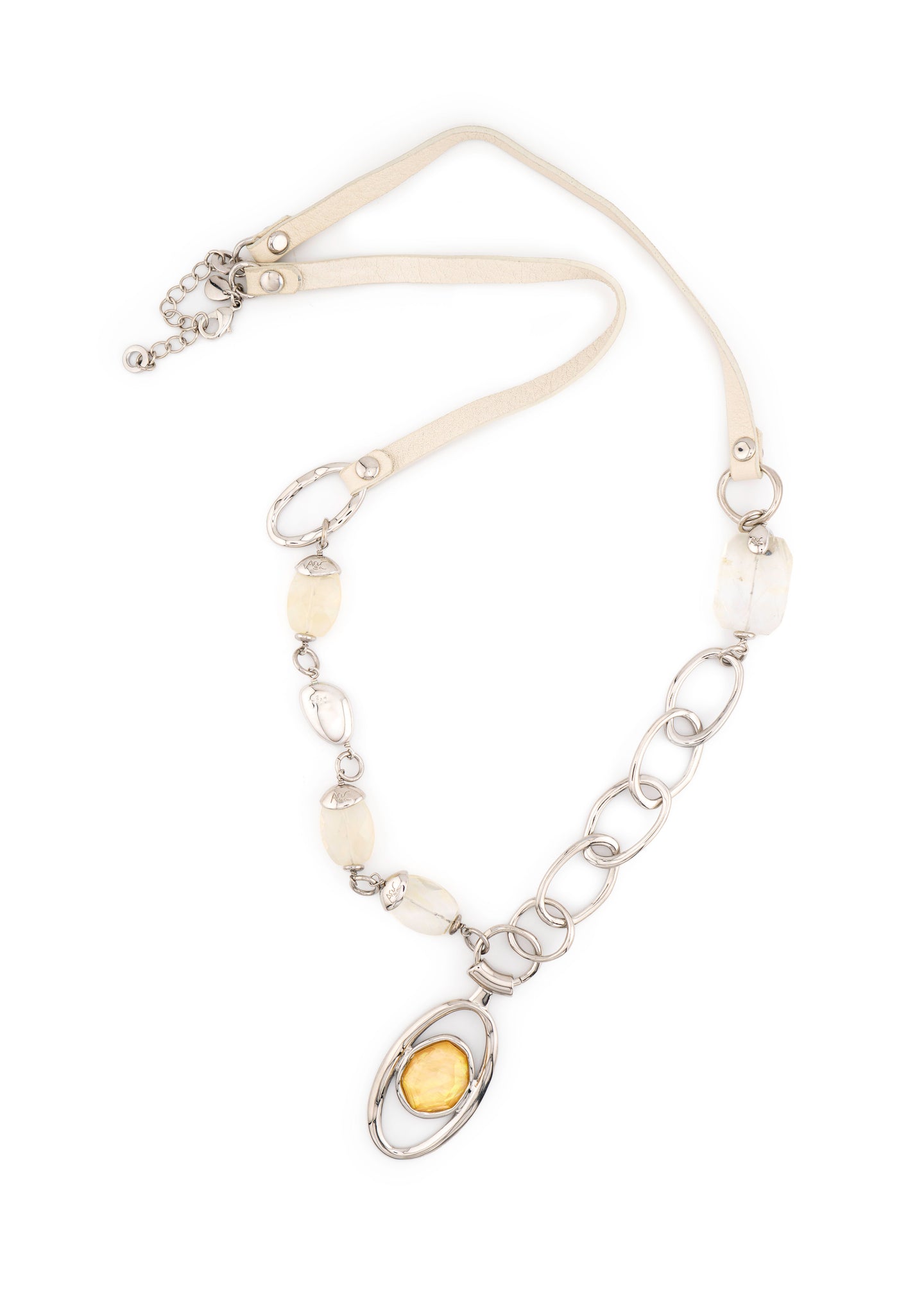 Leather Cord & Amber Stone Oval Frame Pendant Long Necklace