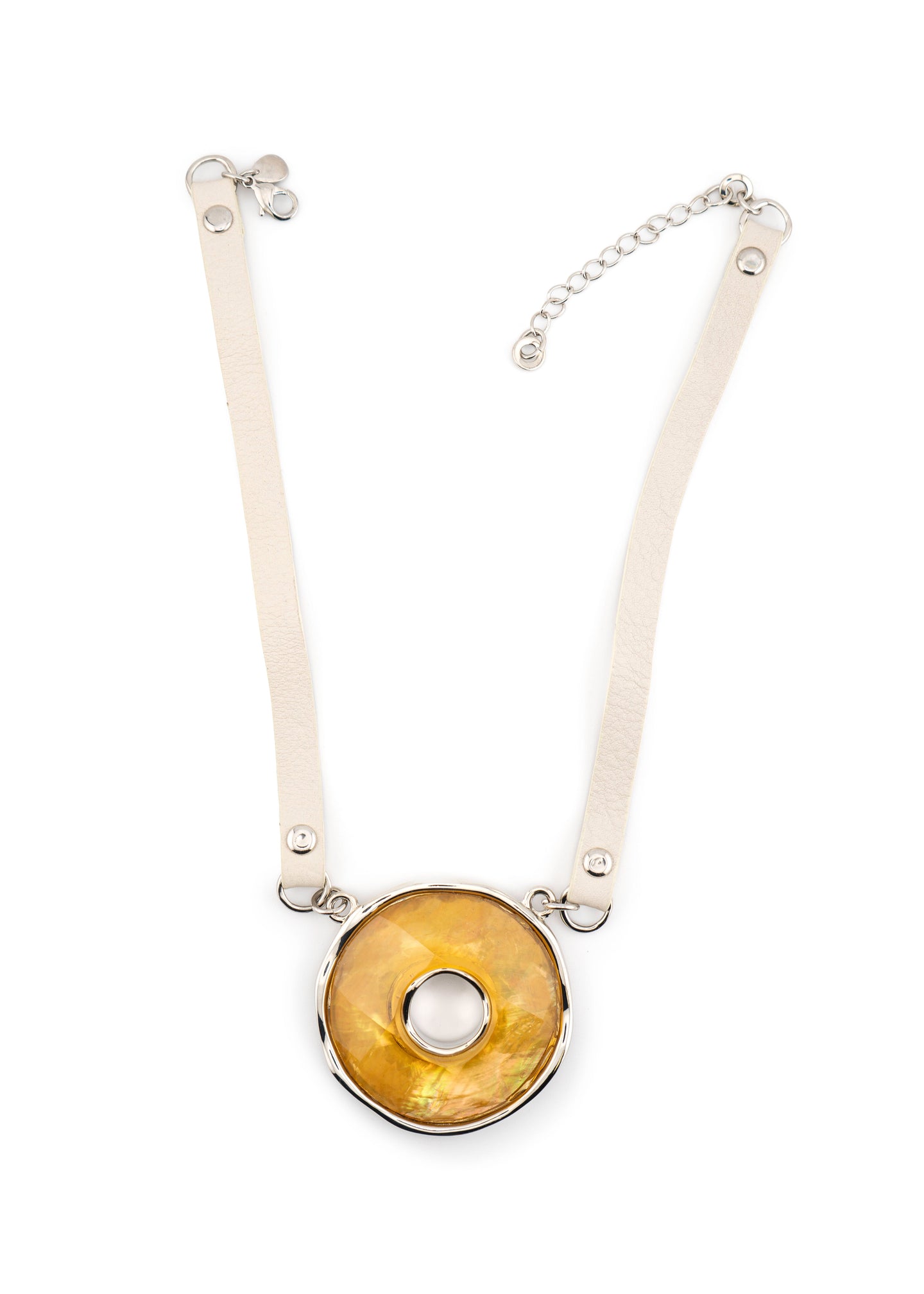 Leather Cord & Amber Donut Stone Pendant Necklace