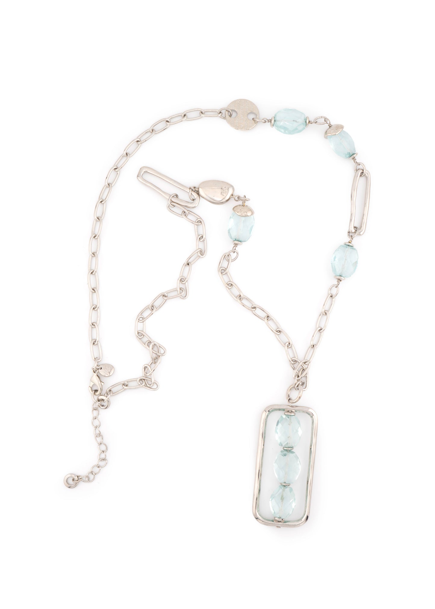 Silver-Tone Aqua Stone Chain & Crystal Rectangle Frame Pendant Necklace