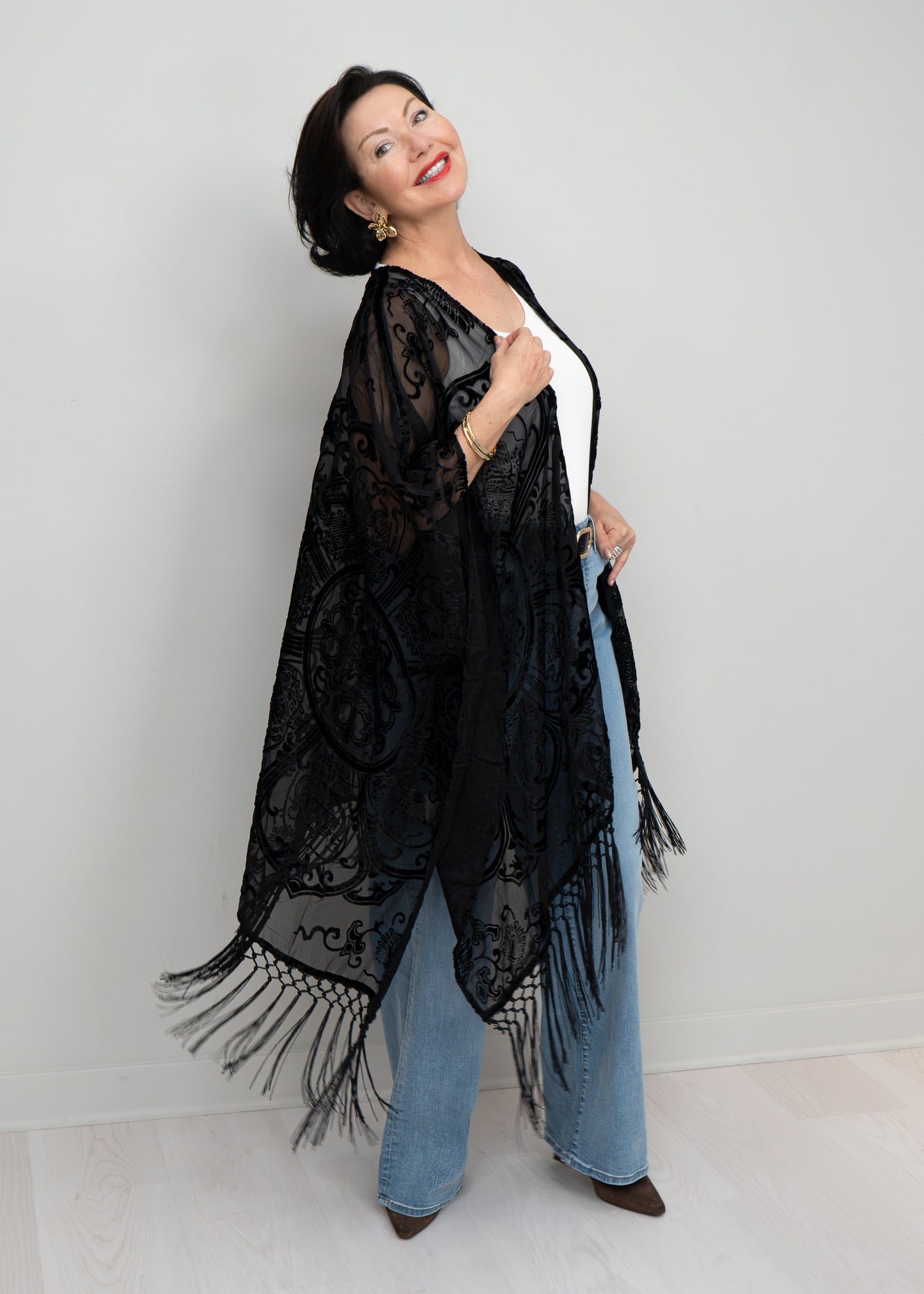 Paparazzi - Viscose Burnout Pattern Fringe Kimono