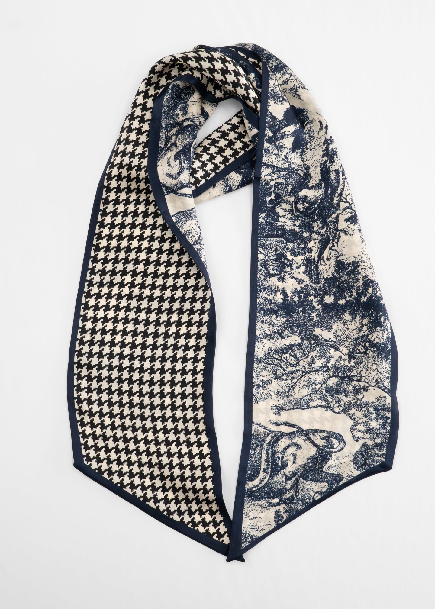 Tom & Eva - Reversible Houndstooth & Scenic Print Long Silk Scarf