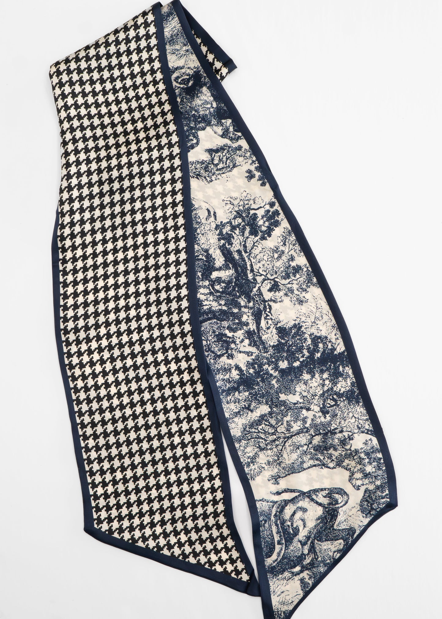 Tom & Eva - Reversible Houndstooth & Scenic Print Long Silk Scarf