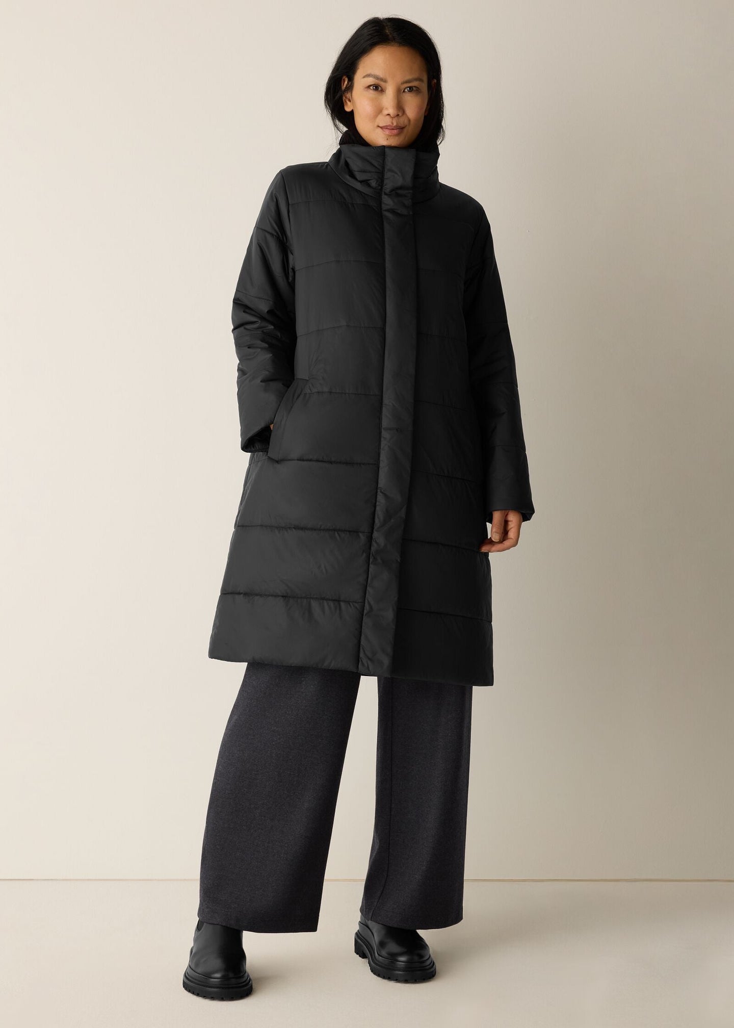 Eileen Fisher Eggshell Recycled Nylon Stand Collar Coat BLACK S