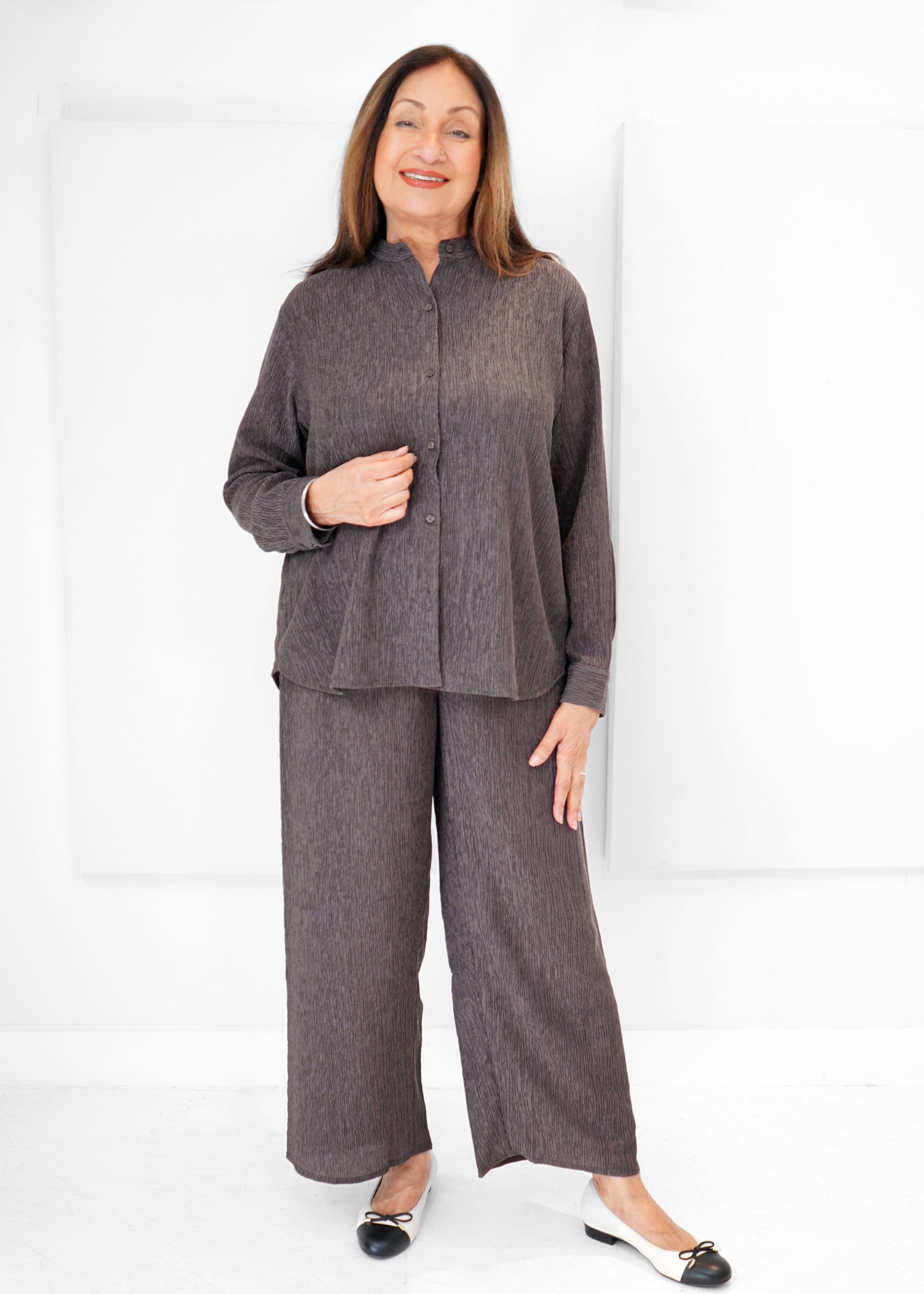 Eileen Fisher - Woven Plissé Band Collar Shirt