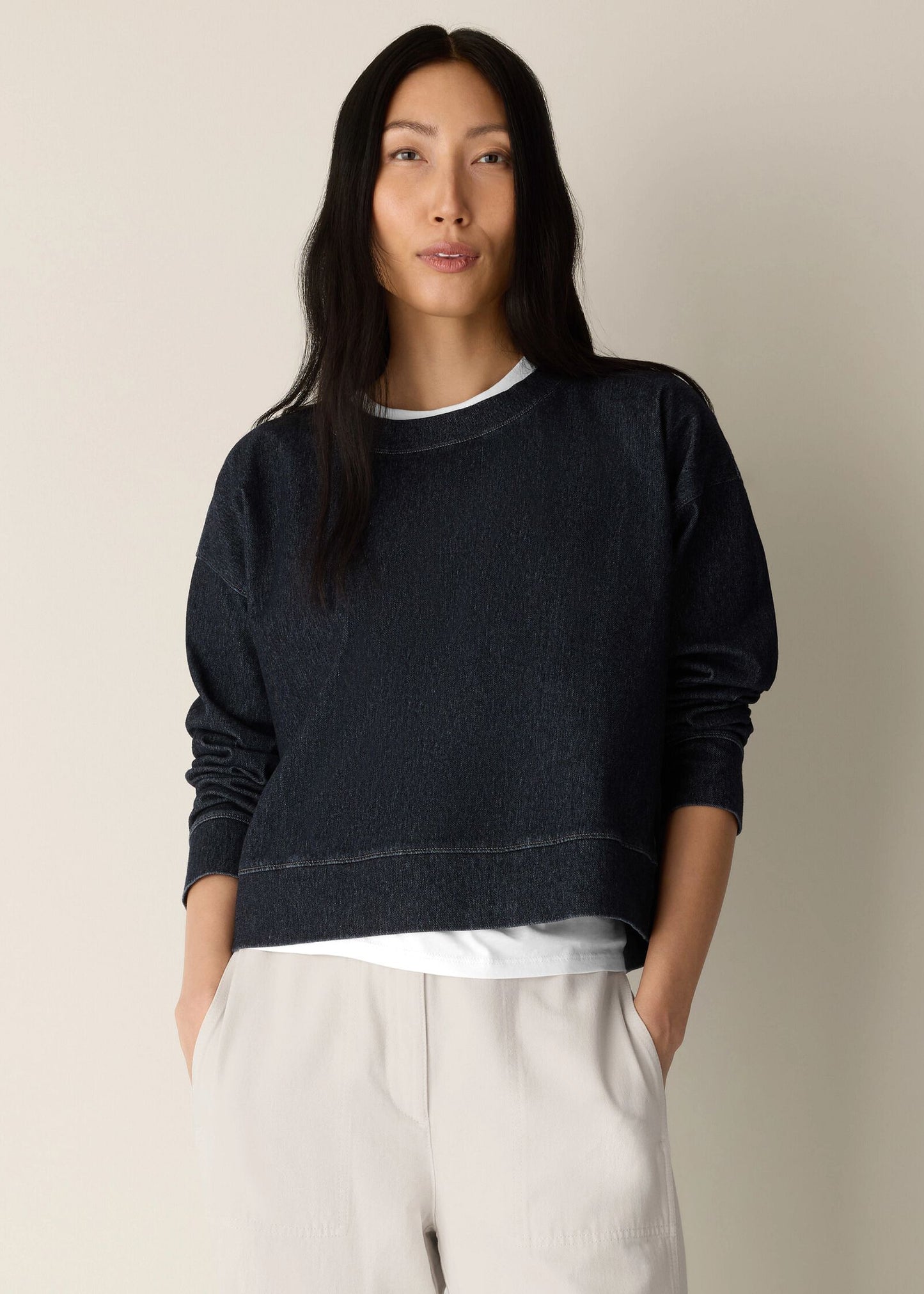 Eileen Fisher - Cotton Indigo Knit Denim Crew Neck Top