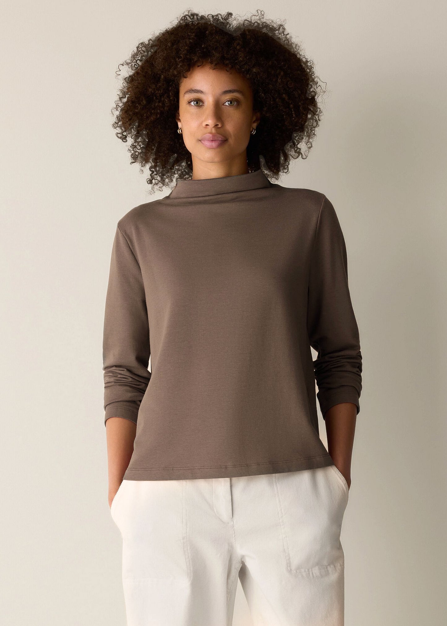 Eileen Fisher - Cozy Brushed Terry Hug Funnel Neck Long Sleeve Top