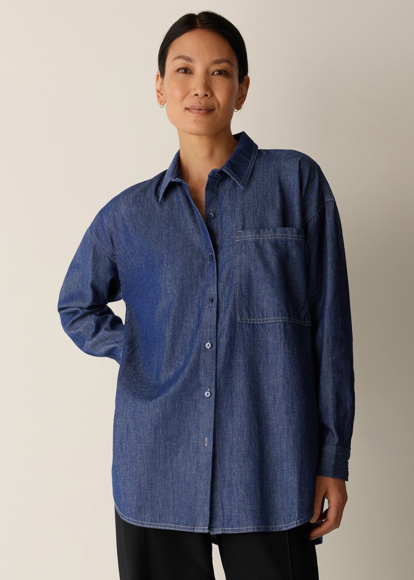 Eileen Fisher - Lightweight Organic Cotton Denim Classic Collar Long Shirt
