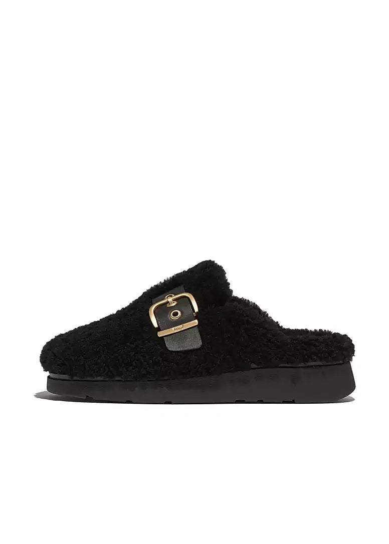 FitFlop Buckle Curly Shearling Leather Mules Black 7