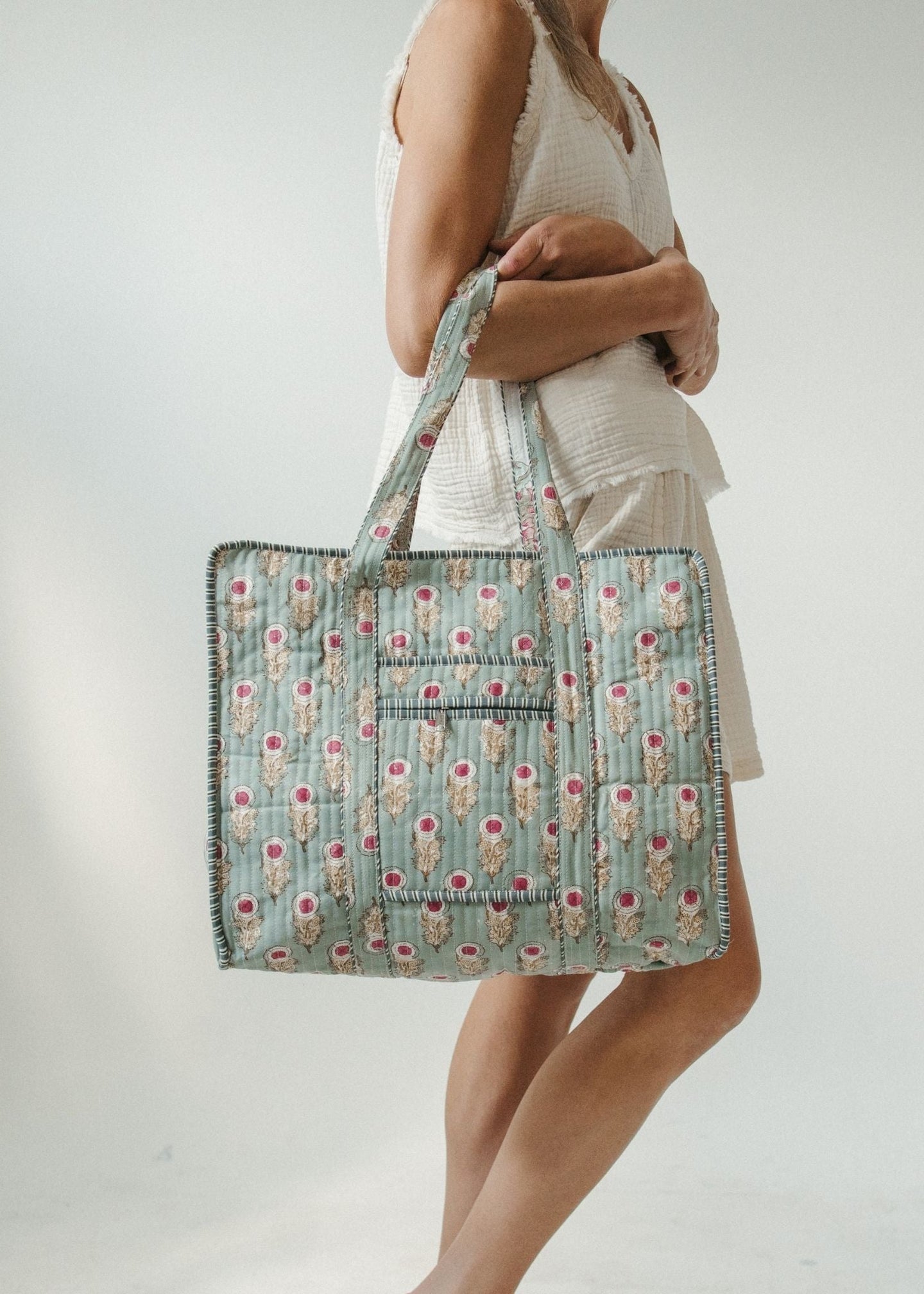 Pokoloko - Teal Pink Bloom Block Print Tote