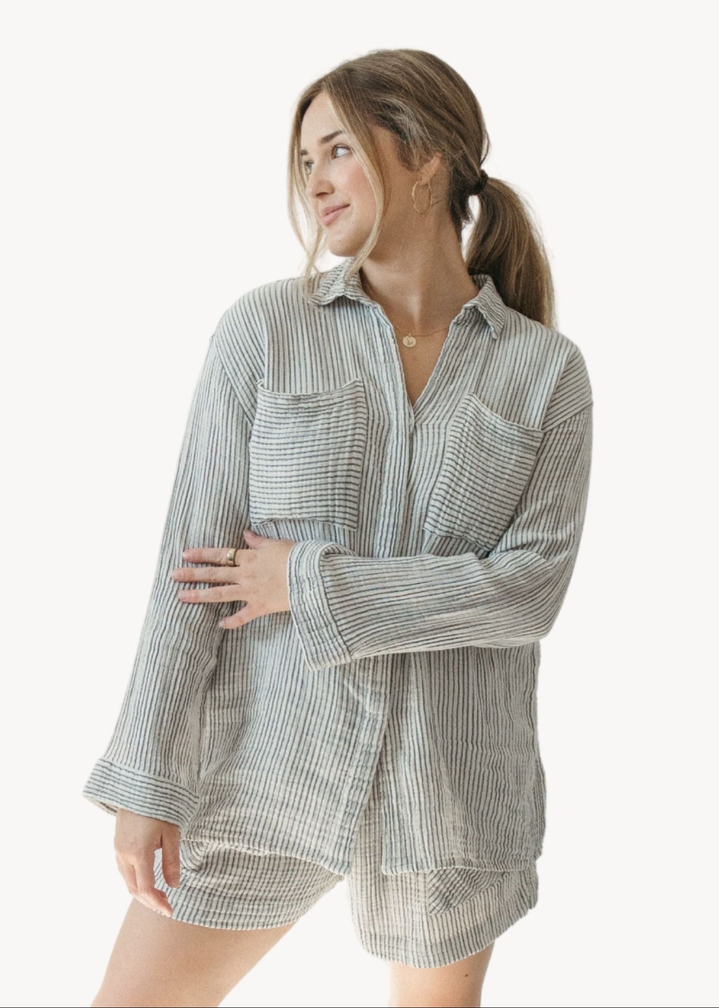 Pokoloko - Striped Crinkle Pocket Shirt with Buttons