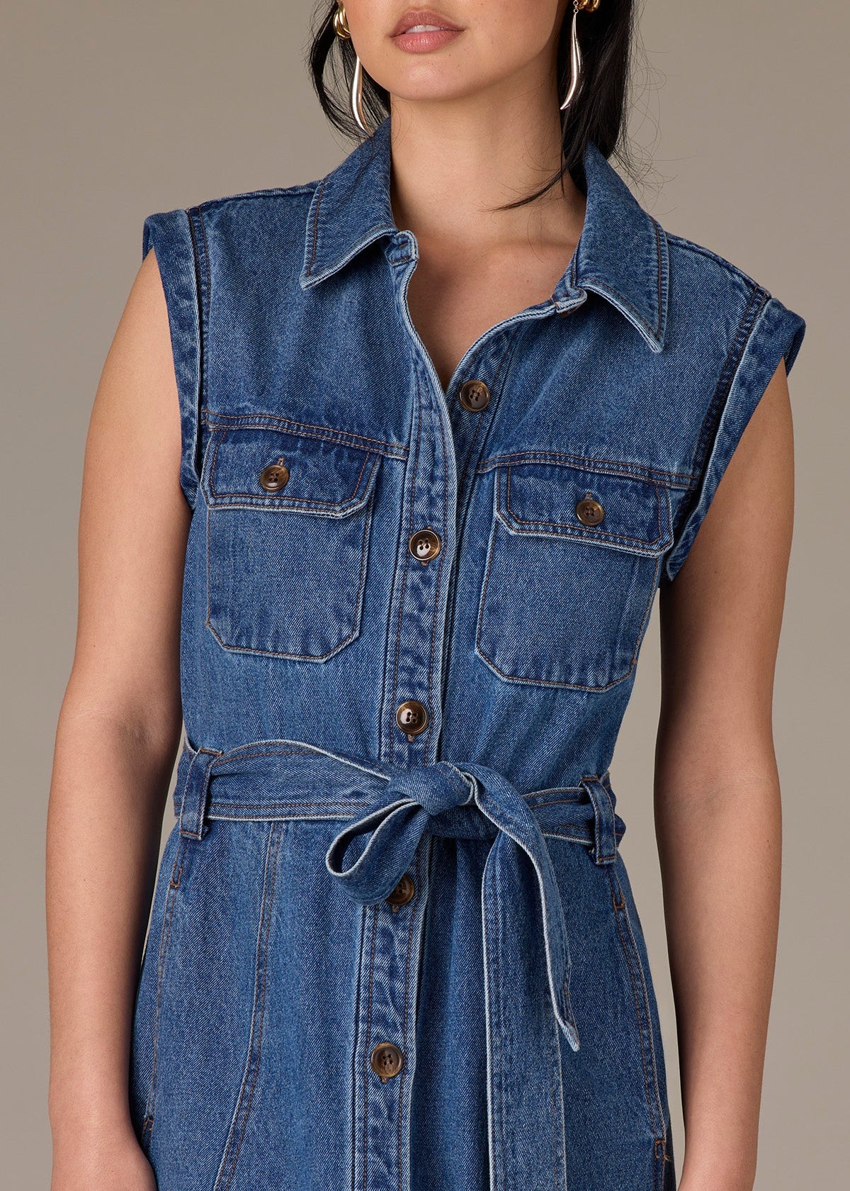 wit and wisdom denim dress Long Sleeve Button Down Denim Dress M / Mid Blue Denim