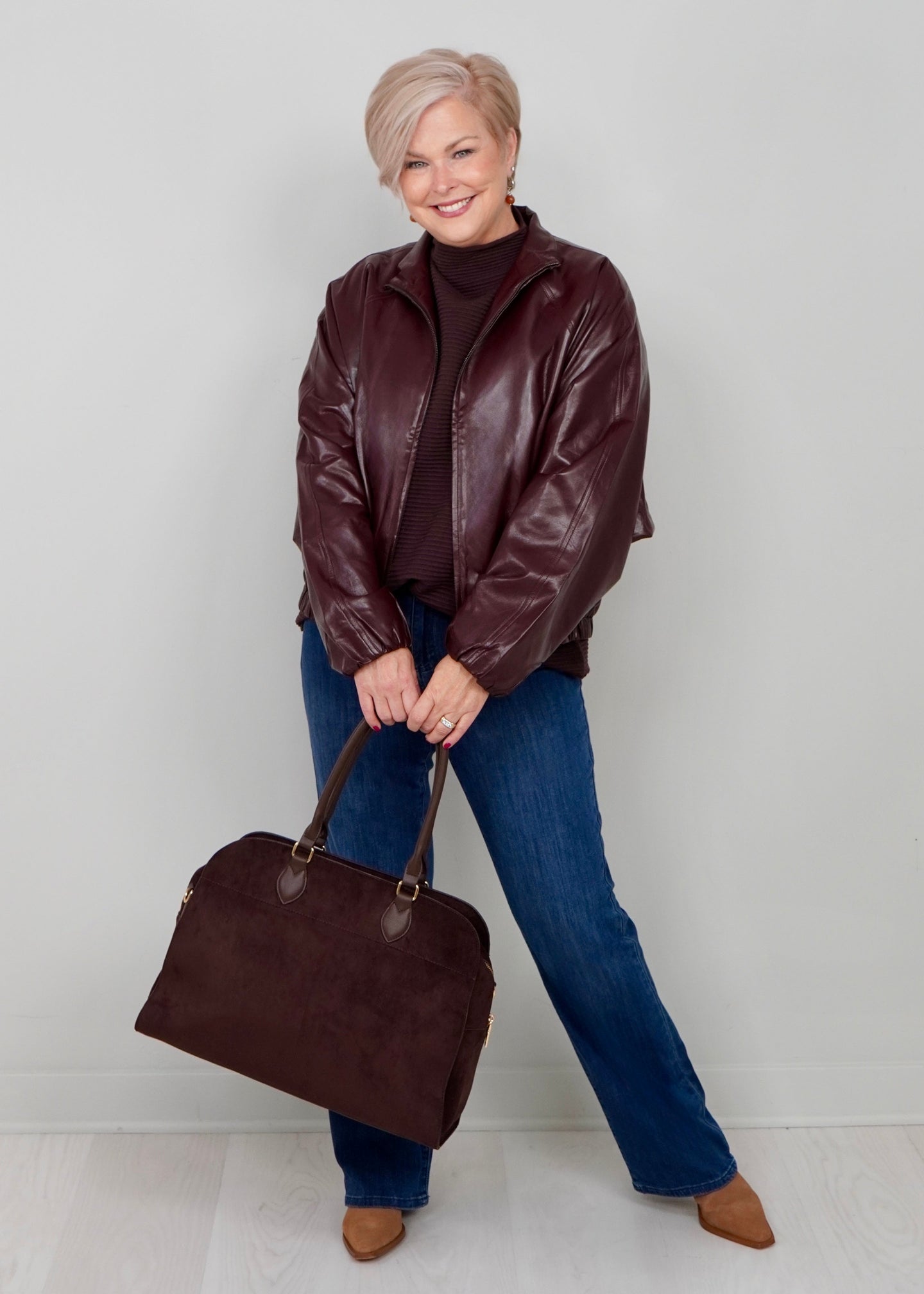 Joseph Ribkoff - Leatherette Mock-Neck Bomber Jacket