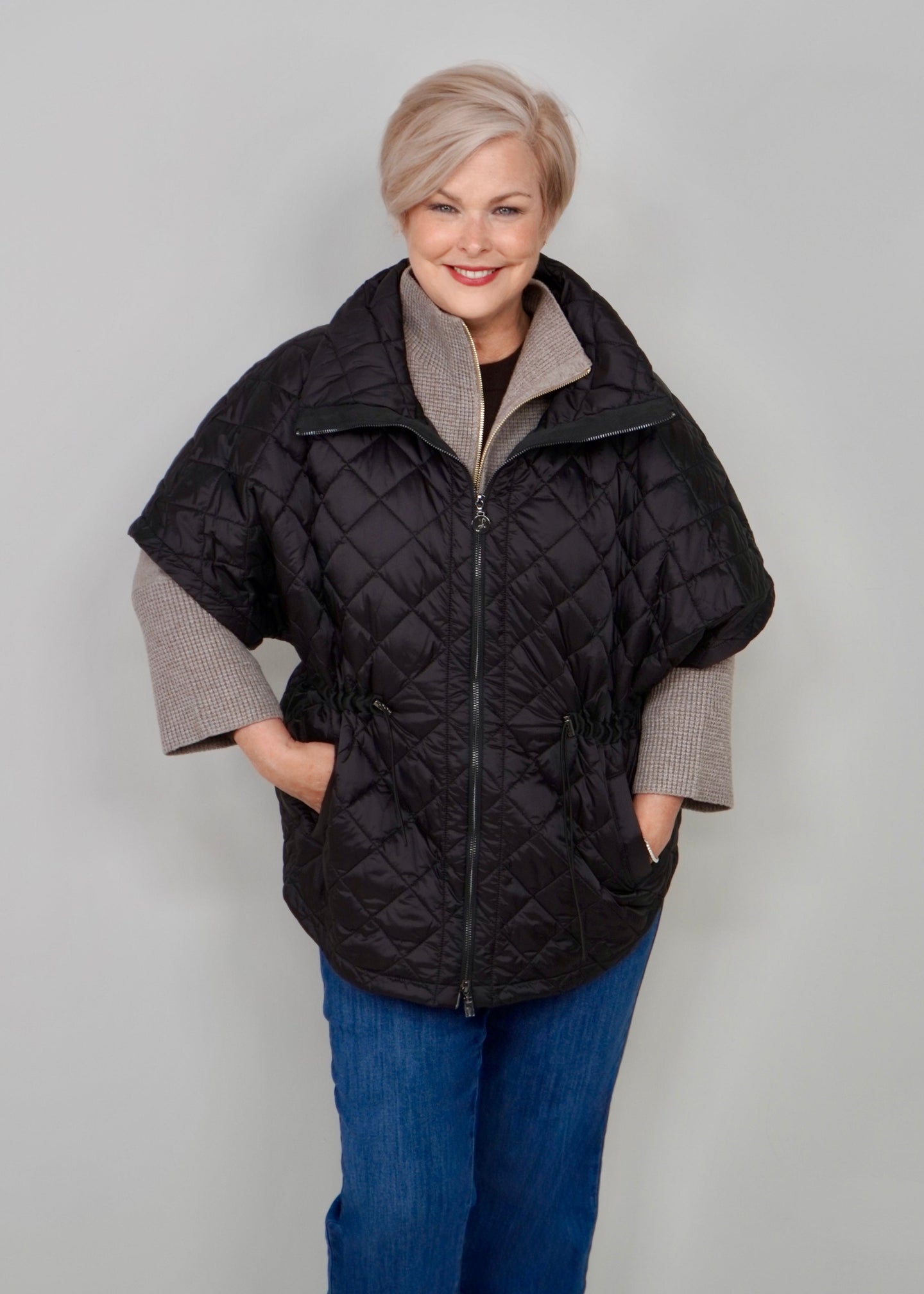 Joseph Ribkoff - Quilted Nylon Shawl-Neck Boxy Vest