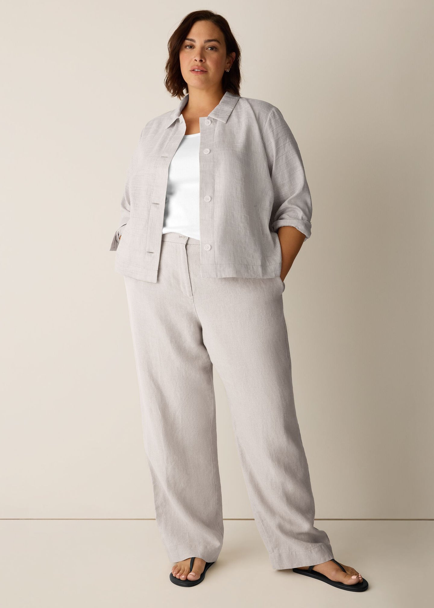 Eileen Fisher - Striped Linen Sheen Classic Collar Jacket