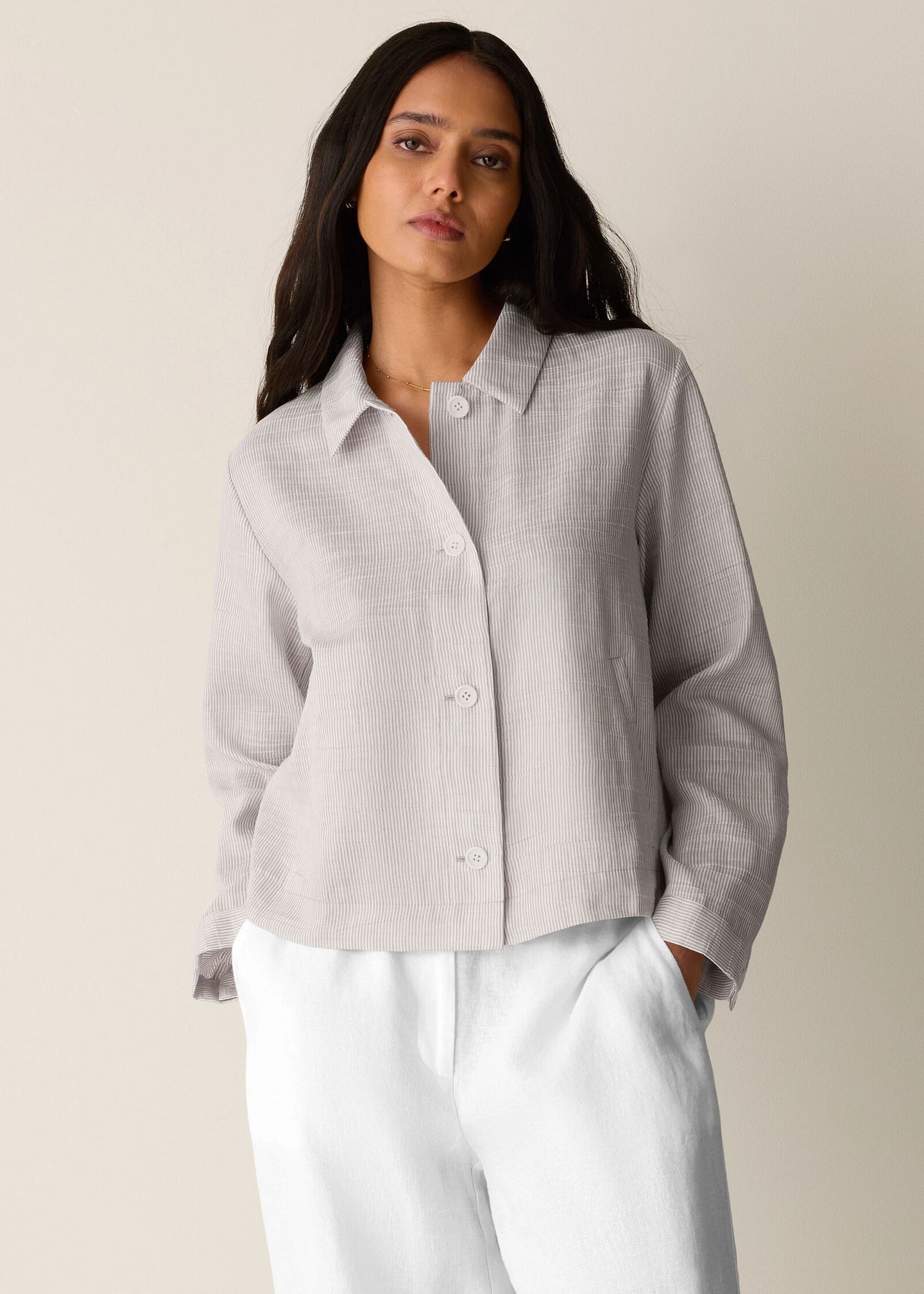 Eileen Fisher - Striped Linen Sheen Classic Collar Jacket