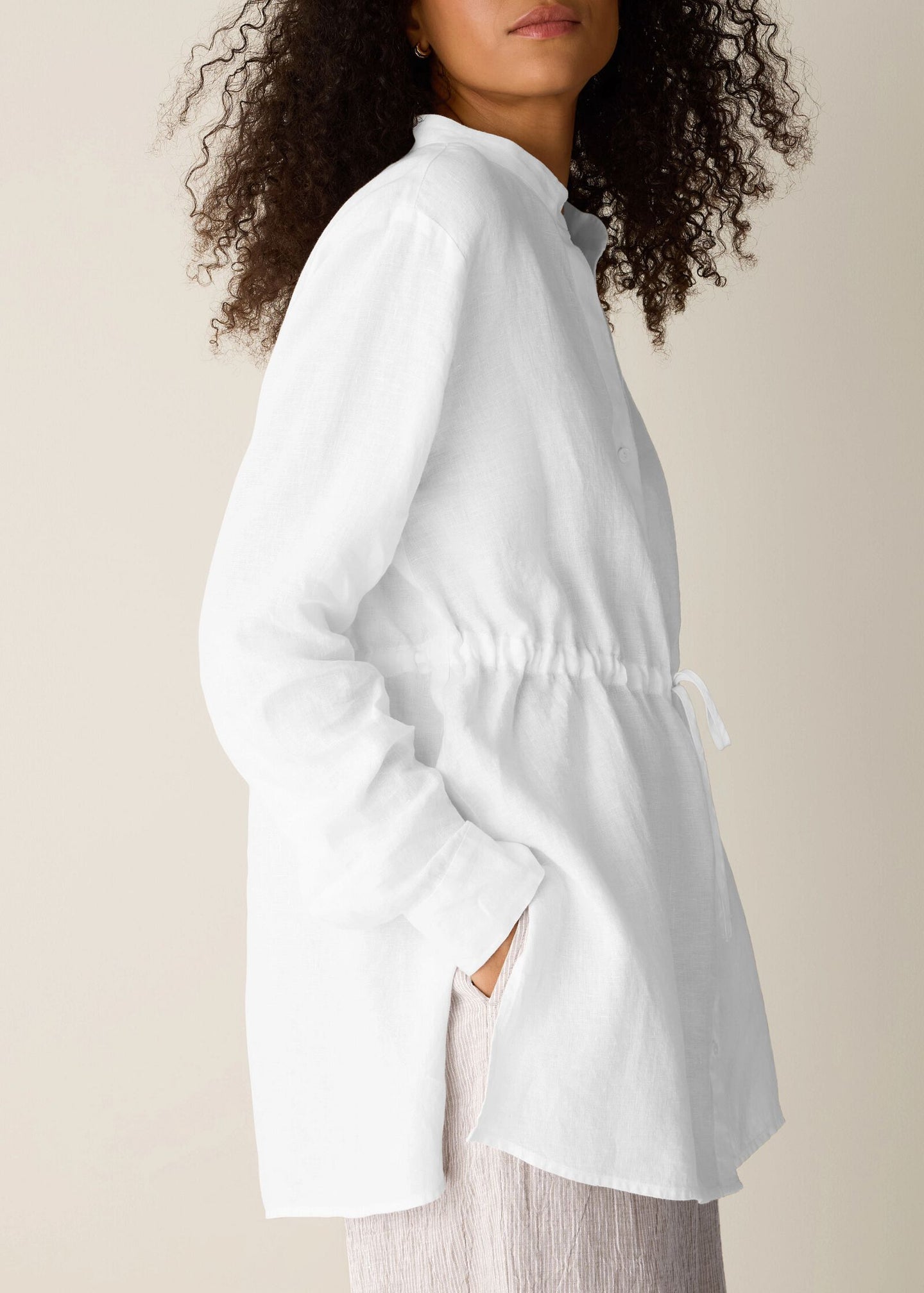 Eileen Fisher - Organic Handkerchief Linen Band Collar Drawstring Shirt