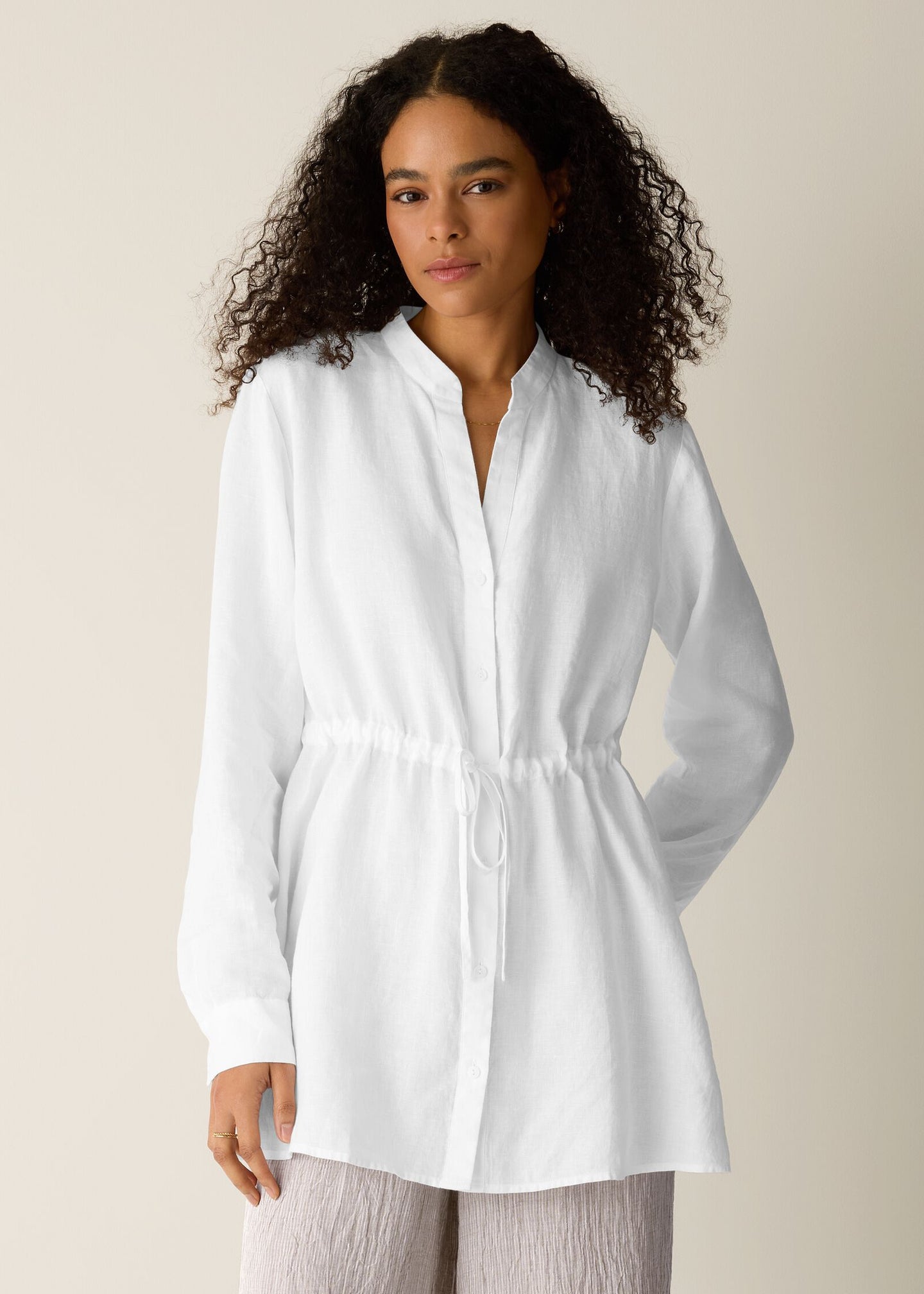Eileen Fisher - Organic Handkerchief Linen Band Collar Drawstring Shirt