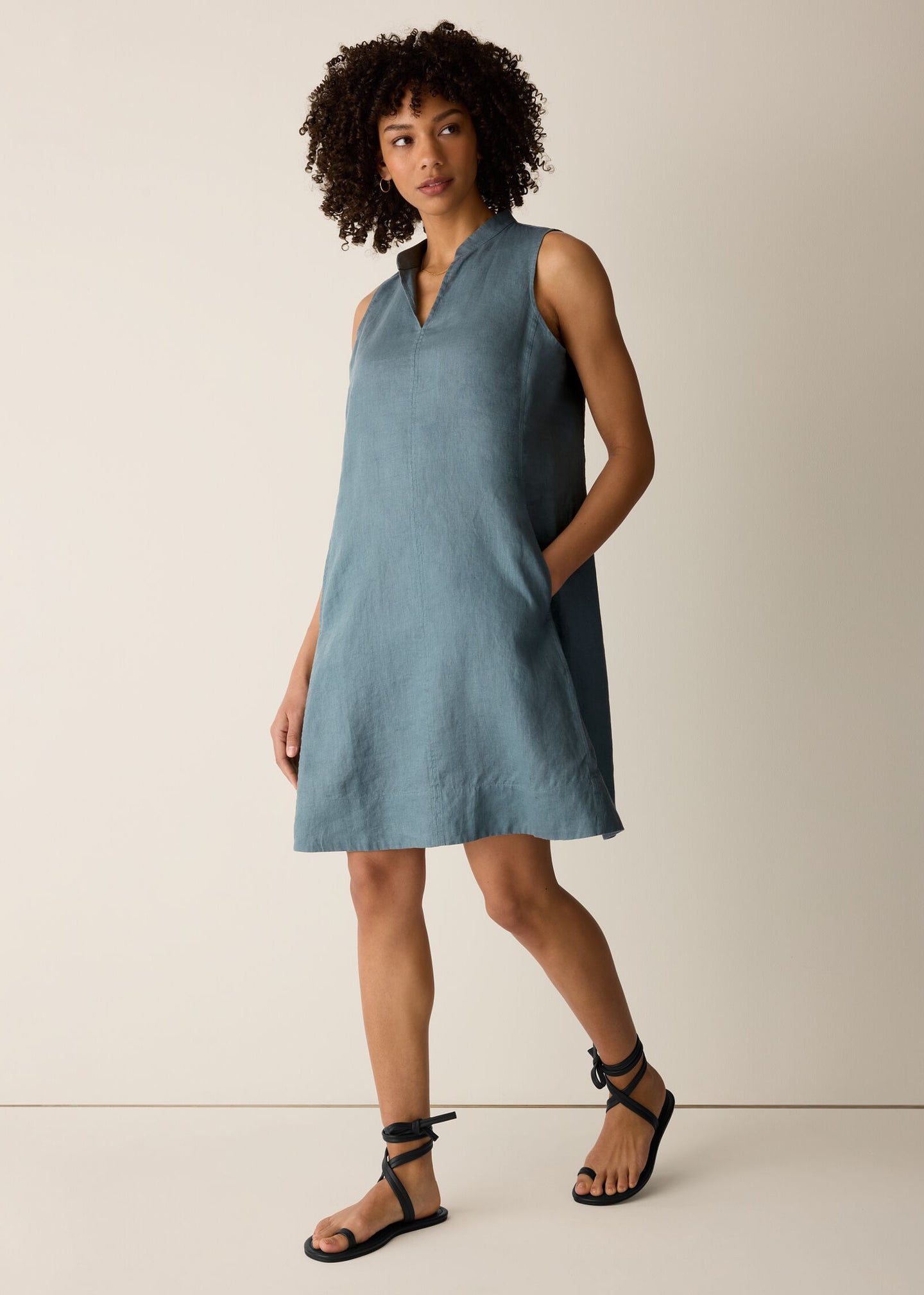 Eileen Fisher - Organic Linen Split Neck Dress NILE / S Eileen Fisher - Organic Linen Split Neck Dress NILE / S