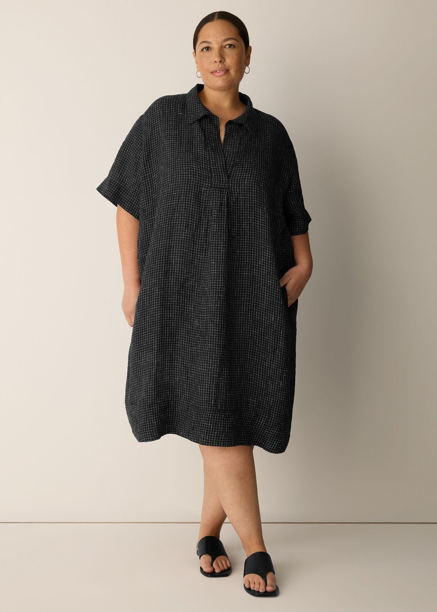 Eileen Fisher - Puckered Organic Linen Grid Classic Collar Dress