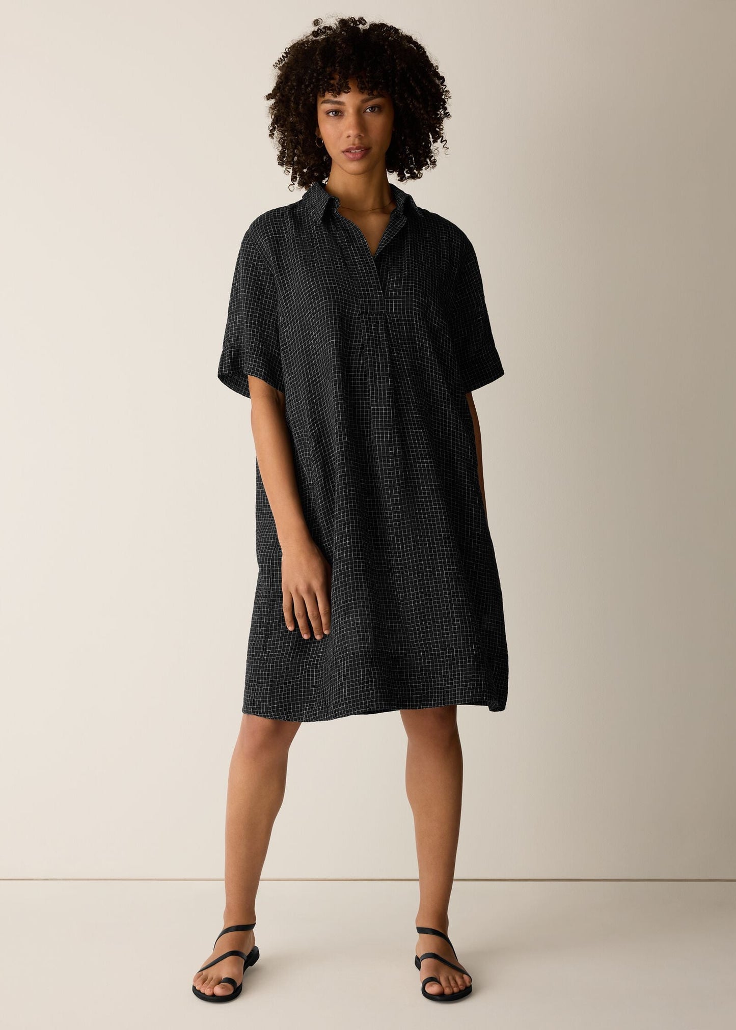 Eileen Fisher - Puckered Organic Linen Grid Classic Collar Dress