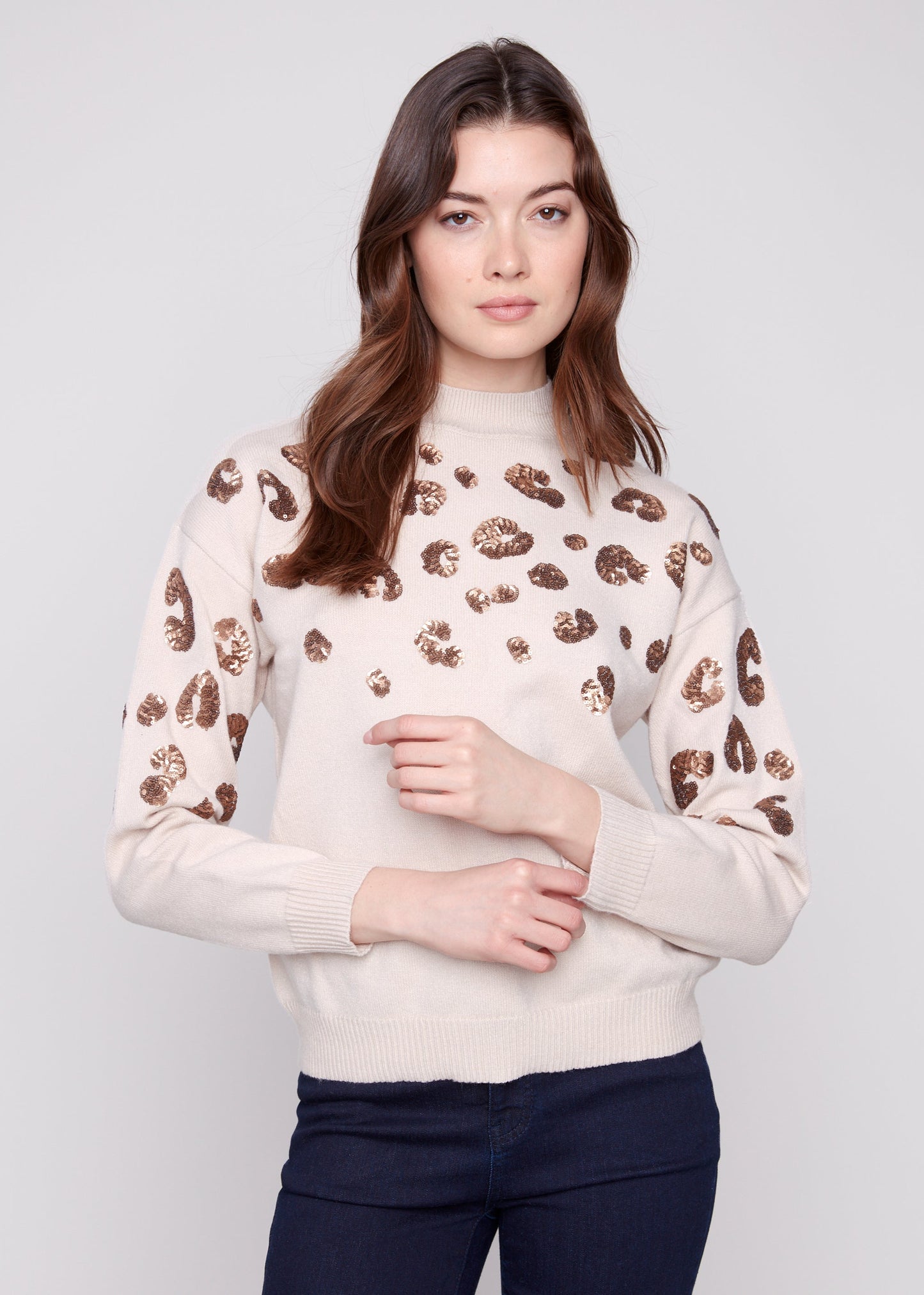 Charlie B - Mock Neck Sweater with Animal Sequins Detail - SALE