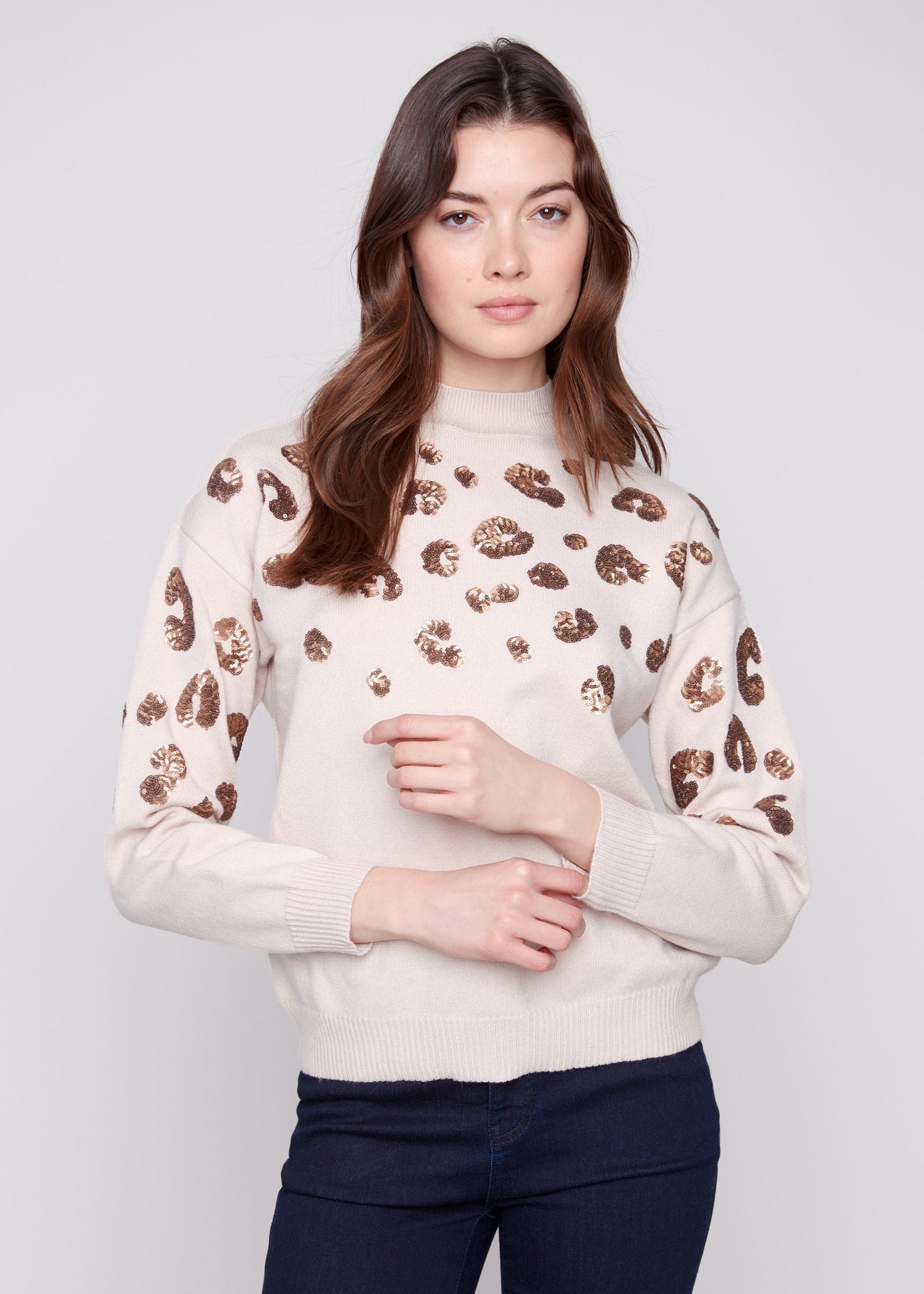 Charlie B - Mock Neck Sweater with Animal Sequins Detail - SALE