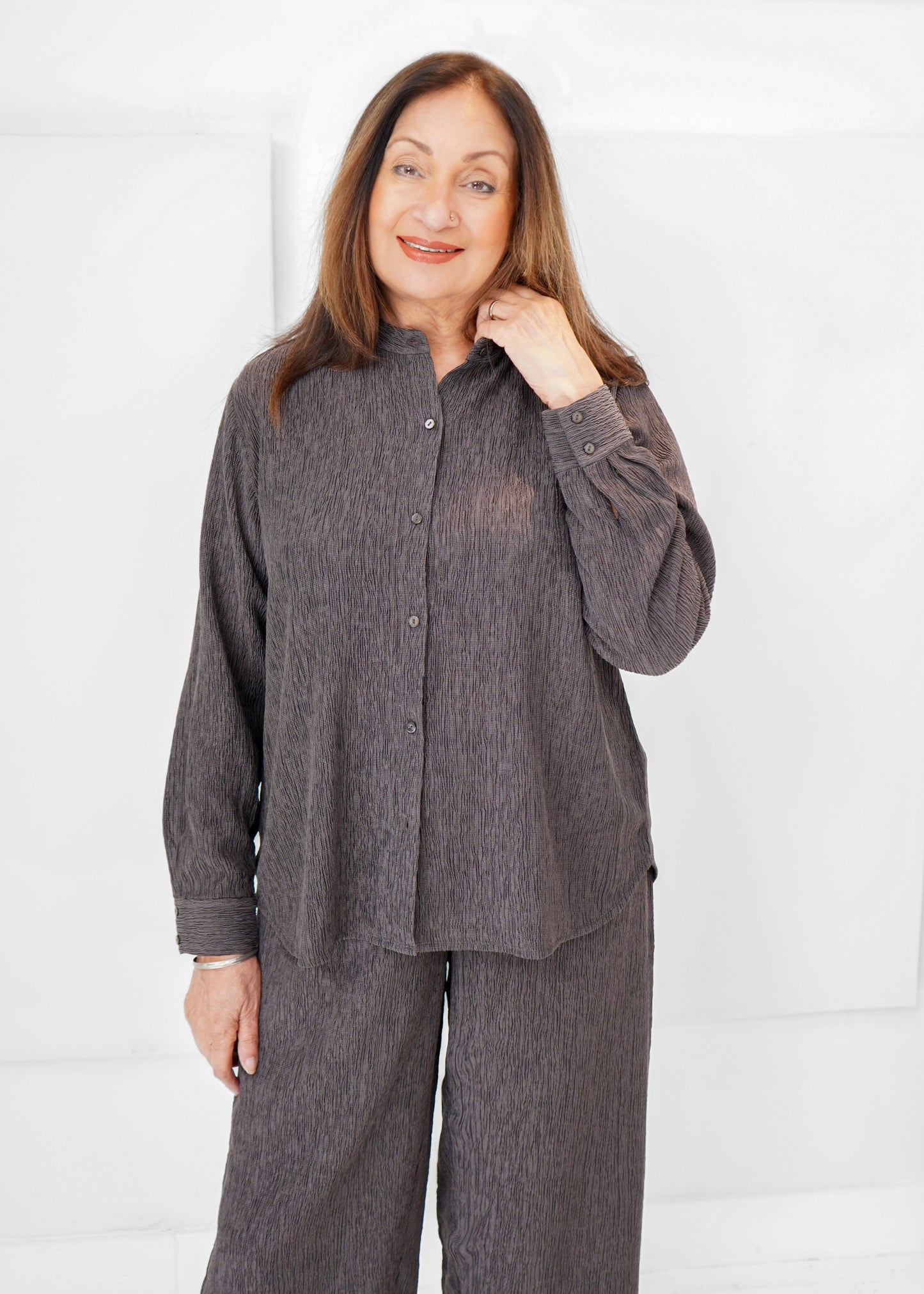 Eileen Fisher - Woven Plissé Band Collar Shirt