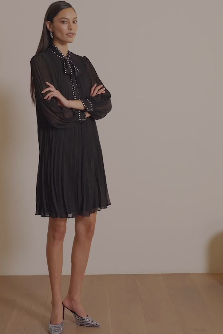 Joseph Ribkoff - Pleated Chiffon Aline Dress with Neck Tie