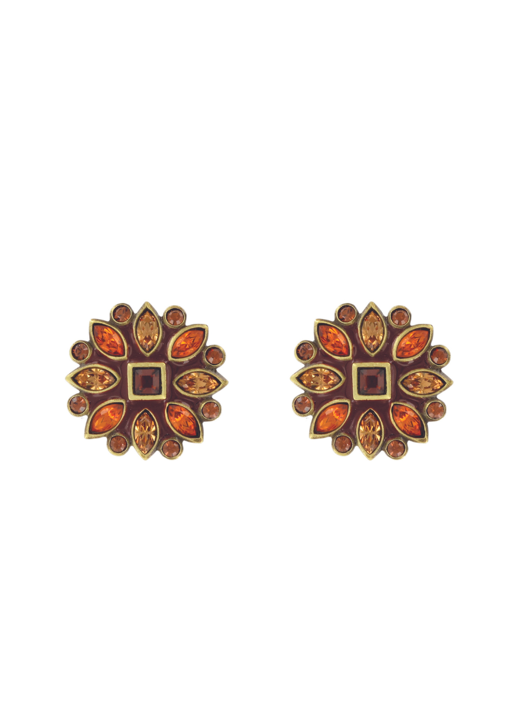 Myka - Antique Brass Enameled Floral Post Earrings with Swarovski Crystals